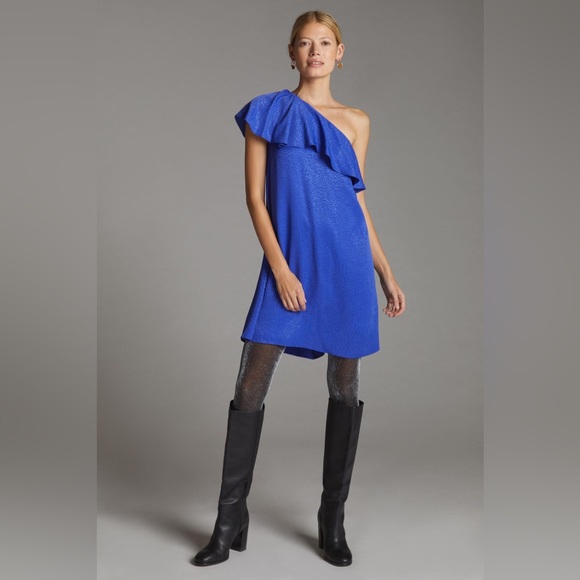 Anthropologie Dresses & Skirts - ANTHROPOLOGIE RUFFLED ONE SHOULDER MINI DRESS IN BLUE SIZE 10